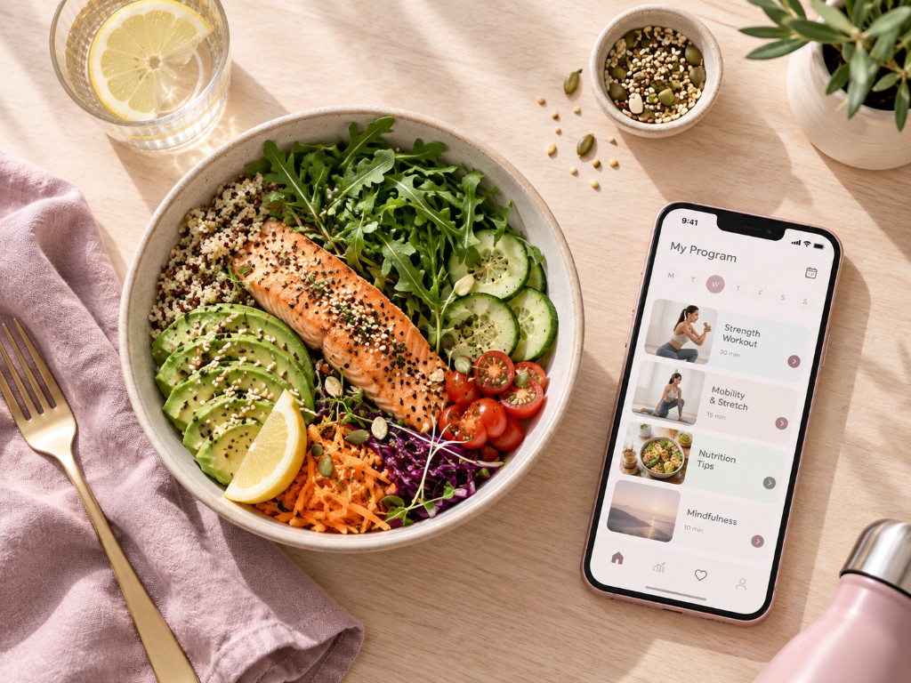 Bowl antiinflamatorio con salmón, aguacate y verduras junto a la app